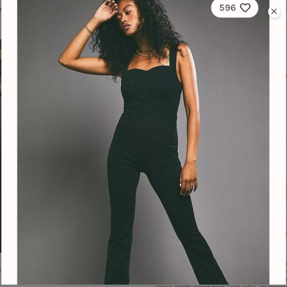 NEW Free People Light My Fire Denim Jumpsuit Large Black Overalls Boho Retro Fes